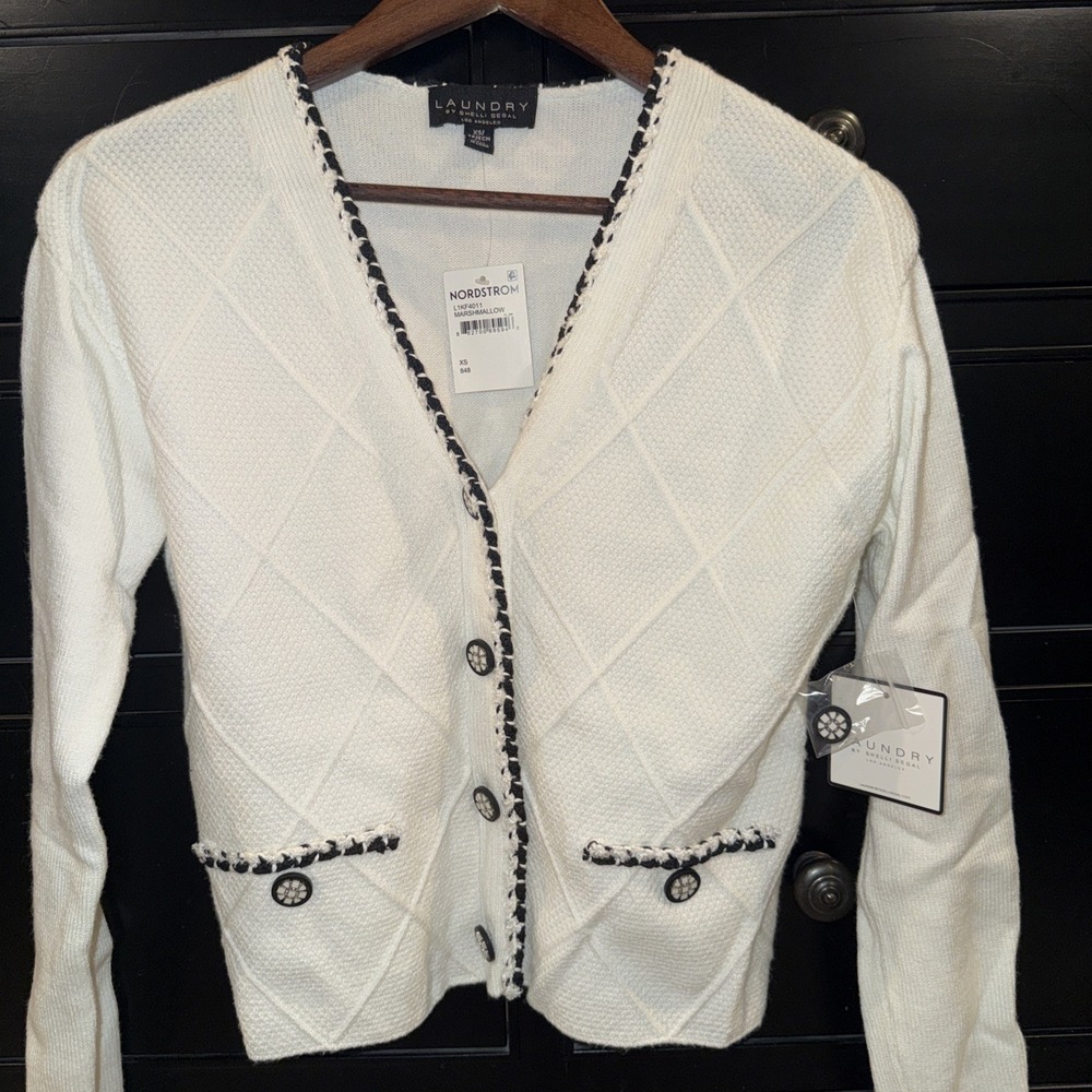 Laundry By Shelli Segal White Textured V-Neck Cardigan Black Trim Argyle XS